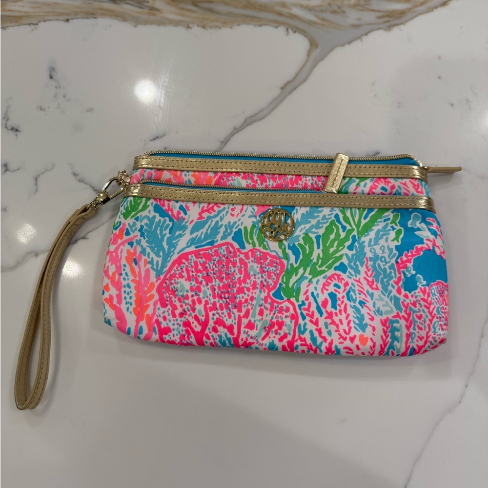 Lilly Pulitzer Pink and Blue Wristlet Clutch with Tropical Design